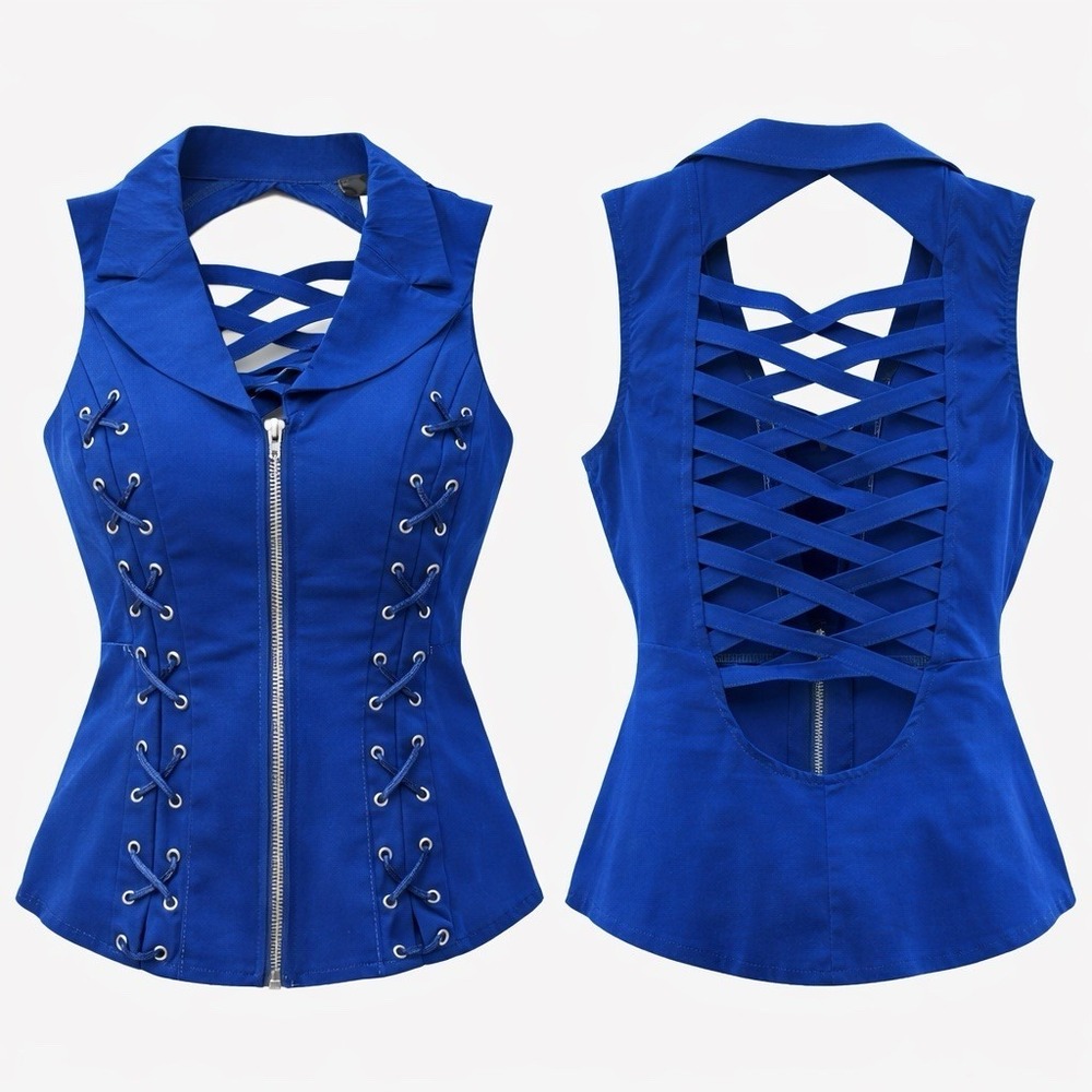 Oh Yes Y2K Corset Top Cobalt Blue Sz L Club Rave Going Out Festival Full Zip